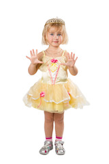  Little girl in a beautiful yellow dress and crown on white back
