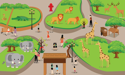 zoo cartoon people family with animals scene vector illustration background from top landscape - obrazy, fototapety, plakaty