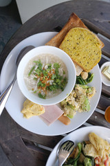 Chicken boiled rice with stir fried vegetable and homemade bread