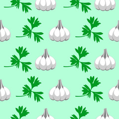 Seamless vector pattern with elements of grey garlic and green parsley over light blue background