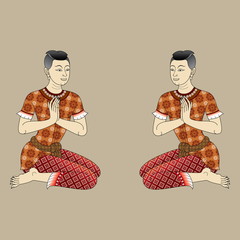 thai  ancient men style in wall painting, sawasdee