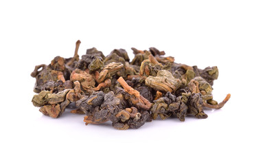 Heap of dried green tea on white background