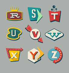 Retro signs alphabet. Letters on vintage style signs.
