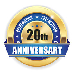 Gold 20th anniversary badge with blue ribbon on white background