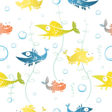 Vector seamless pattern with cartoon fishes. Underwater life.