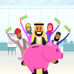 Business People Arab Team Hold Piggy Bank Put Money Savings Arabic