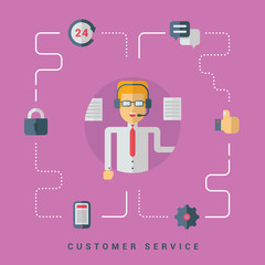 Vector Flat Conceptual Illustration. Customer Service. Operator with Headset and Shopping Icons