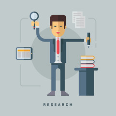 Businessman Looking with Magnifying Glass. Business Concept for Recruiting and Researches. Cartoon Male Character. Flat Style Vector Illustration