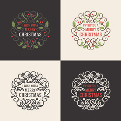 Fototapeta premium Set of Christmas Floral Decorative Greetings with Mistletoe Branch, Berries and Typographic Design Elements. Hand Drawn Vector Illustration
