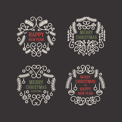 Set of Christmas Floral Decorative Greetings with Mistletoe Branch, Berries and Typographic Design Elements. Hand Drawn Vector Illustration