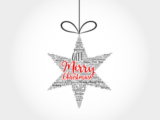 Merry Christmas. Christmas star word cloud, holidays lettering collage