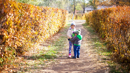 Obraz premium Children playing with autumn fallen leaves in park