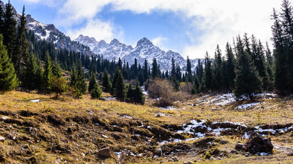 Fototapeta premium Picturesque mountains covered with snow, Chimbulak, Almaty, Kazakhstan.