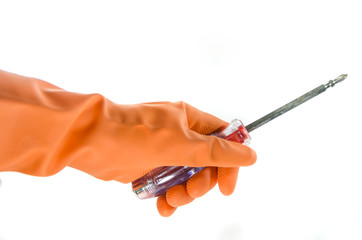 screwdriver in a orange glove