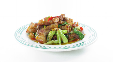 Rice topped with stir-fried crispy pork and basin