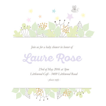 Babyshower invitation card with banner and hand drawn nature elements. Vector design.