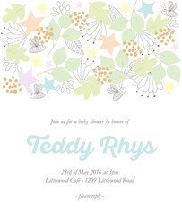 Baby shower invitation card with hand drawn elements. Vector design.