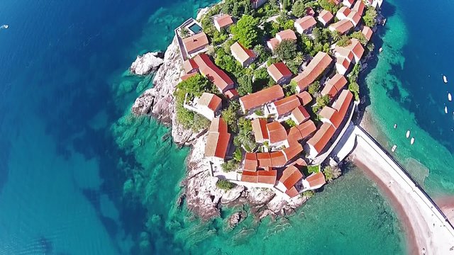 Aerial view of Sveti Stefan island in Montenegro, balkan. 