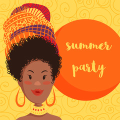 Summer party invitation design with cartoon beautiful African woman in turban with ethnic geometric ornament. Hand drawn vector illustration