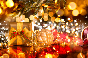 Fototapeta na wymiar Christmas and New Year celebration. Holiday decorated Christmas tree