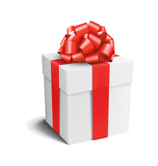 White Celebration Gift Box with Red Bow Isolated on White Backgr
