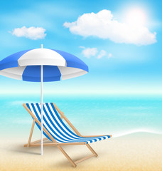 Beach with Sun Beach Umbrella Beach Chair and Clouds. Summer Vac