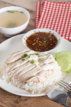 Thai food "Khao Man Kai",  Rice steamed with chicken soup and sa