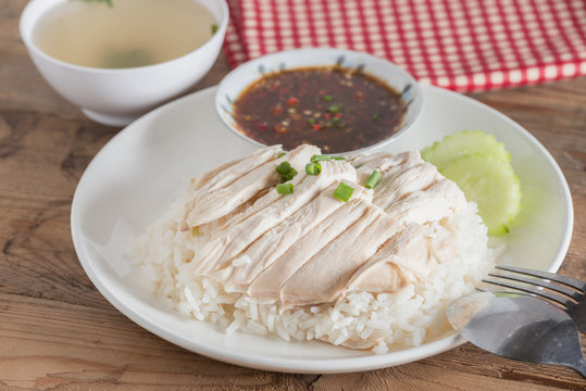 Thai food "Khao Man Kai",  Rice steamed with chicken soup and sa