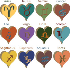 Set of 3d zodiac colorful symbols in 3d hearts