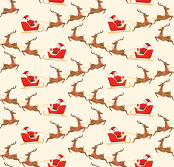 Seamless Christmas Pattern with Santa on Sleigh and His Reindeer