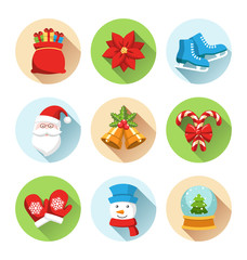 Set of Christmas Winter Circle Icons Isolated on White