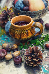 Still life with tea and fruit