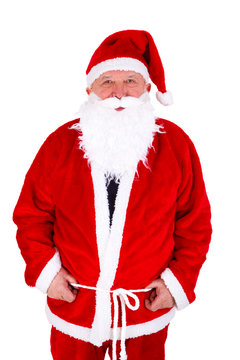 Santa Claus Portrait with hands on belt. Standing and smiling Front View.  Isolated on white background