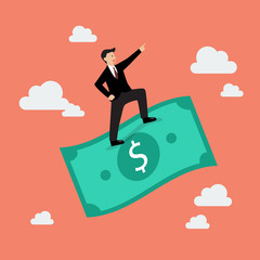 Businessman standing on a flying money