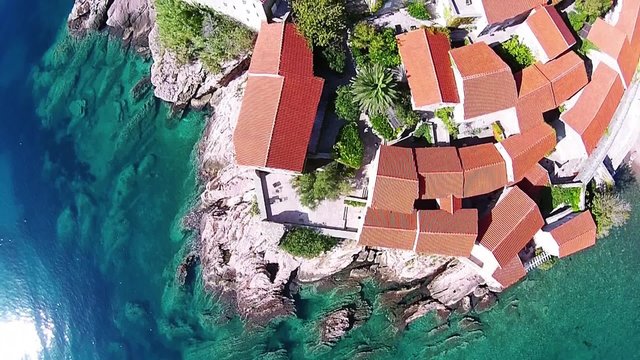 Aerial view of Sveti Stefan island in Montenegro, balkan. 