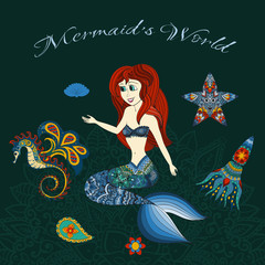 Hand drawn illustration of Ornamental Mermaid. Shaped Mermaid