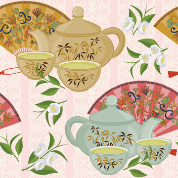 Seamless pattern with teapot, a small cup of green tea and fans.