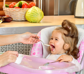 Obraz na płótnie Canvas Young mother spoon-feeds the child. Feeding baby. Baby food.