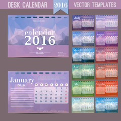 Desk Calendar 2016. Vector Print Template with abstract pattern. Set of 12 Months. Week Starts Monday.