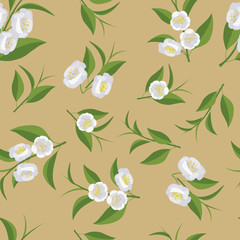 Seamless texture with leaves and flowers of tea. Camellia flowers.