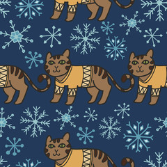 Adorable Christmas cats in warm sweaters. Seamless vector patterns. Hand drawn characters, decorations and snowflakes.
