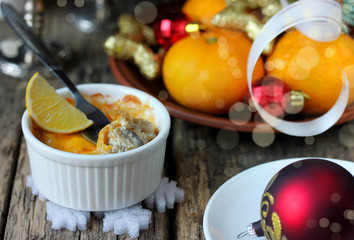 Christmas appetizer julienne, selective focus