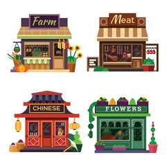 Set of nice shops. Different Showcases: meat shop, farm products, pizza cafe, chinese shop, flower shop. Flat vector illustration stock set.
