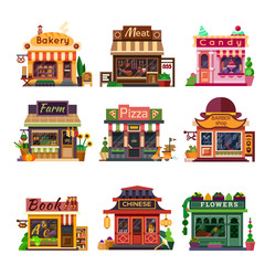 Set of nice shops. Different Showcases: bakery, meat shop, candy store, farm products, pizza cafe, coffee, barbershop, bookstore, chinese shop, flower shop. Flat vector illustration stock set.