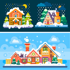 Winter is coming! So here're some nice winter day and night landscapes. Stock flat vector illustration set.