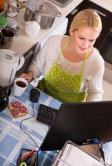Female fwith PC, tea and sandwich