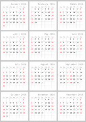 Vector calendar grid for 2016. Rigorous design.