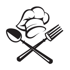 black illustration of spoon, fork and chef hat