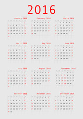 Vector calendar grid for 2016. Rigorous design.