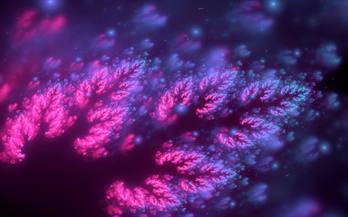 Abstract fractal, decorative sparkling pink-blue branch with soft blur on dark background